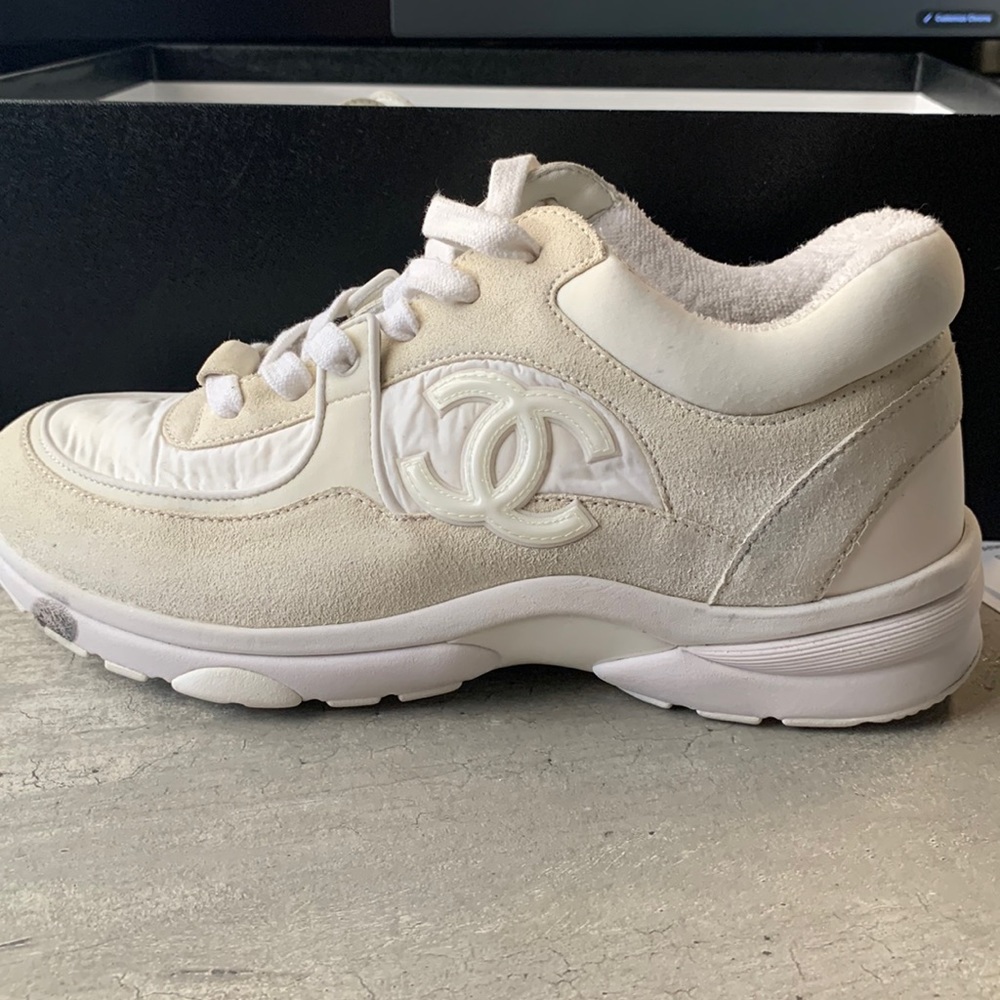 Chanel CC Off White Fabric Sneaker w Box SZ 37.5